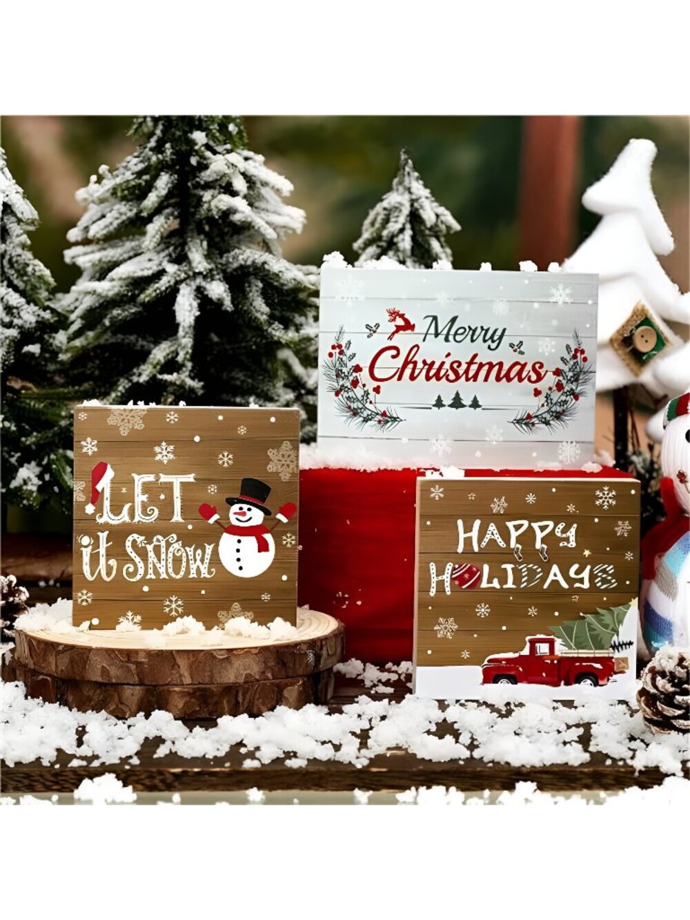 3 Pieces Christmas Tiered Tray Wood Signs Farmhouse Tray Decor Wooden Table Sign